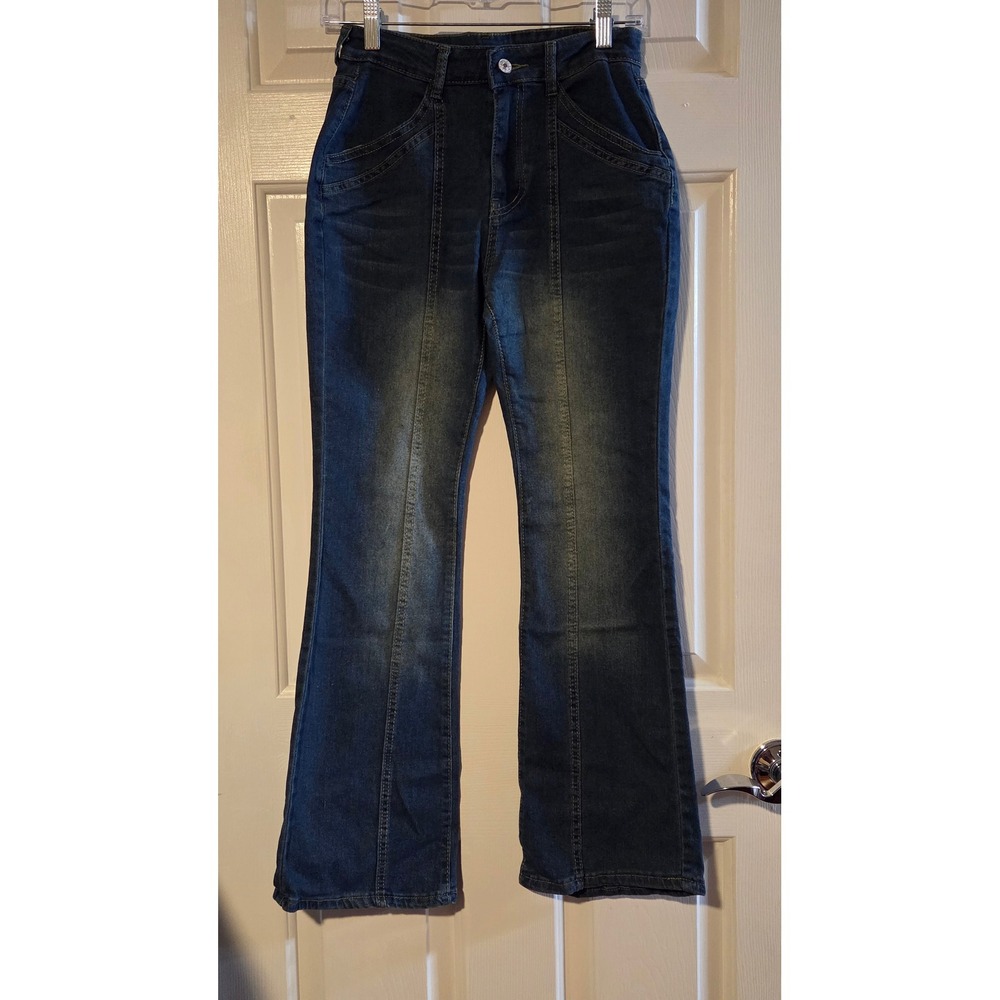 Womens High Waisted Flare Jeans Dark Wash Blue Denim Retro Y2K Size XS